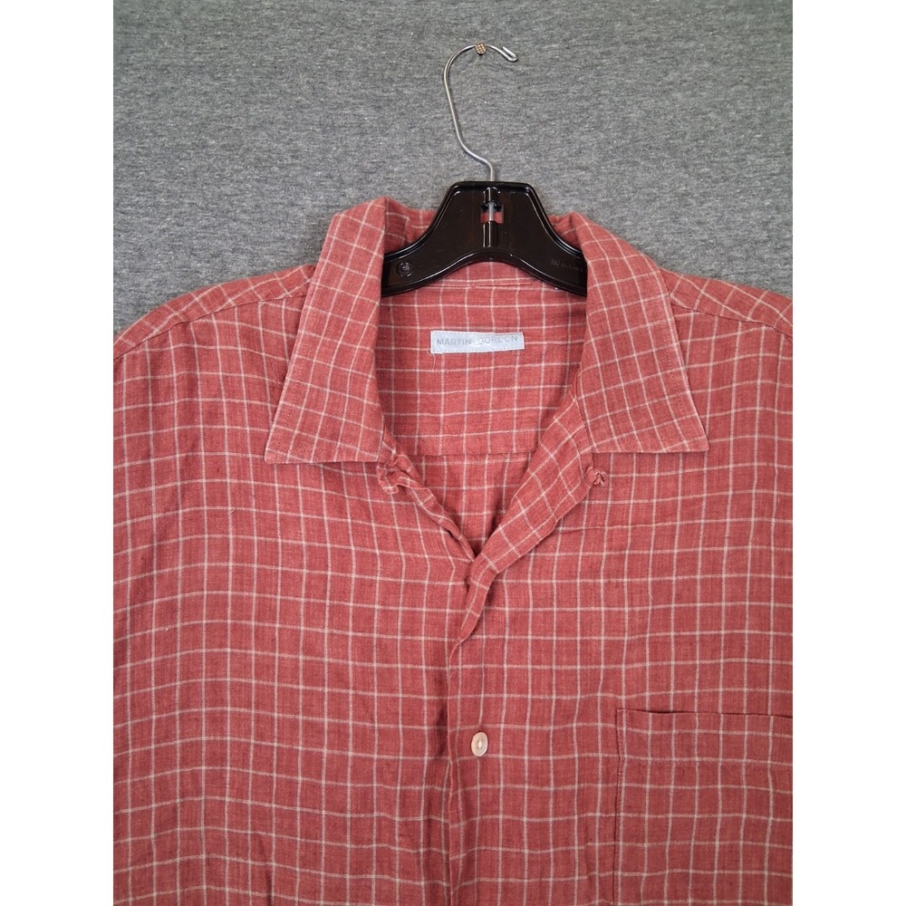 Martin Gordon Mens Shirt XL Red Plaid 100% Linen Breathable Resort Coastal Prep